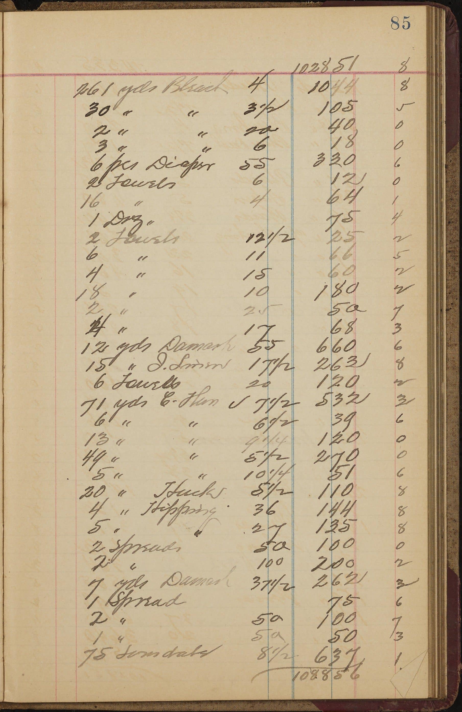 An open handwritten ledger, its ruled columns filled with entries and figures in ink.